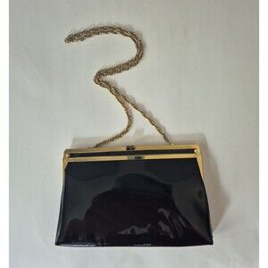 Ande Vintage 50s Black Patent Leather Gold Tone Clutch Purse w Chain Link Strap